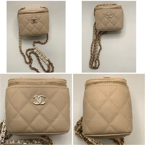 Authentic CHANEL Caviar Beige Mini Square Vanity Case CC Chain Bag Gold Hardware - Picture 3 of 9